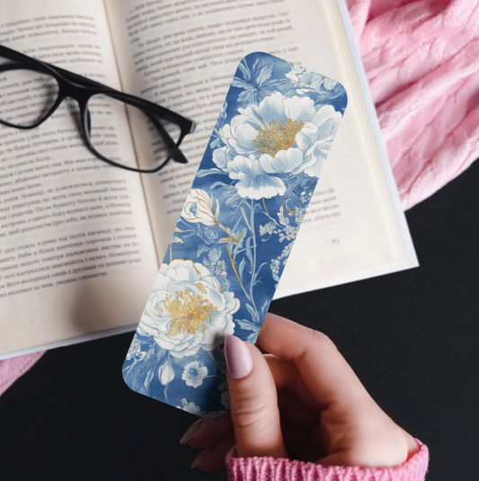 Florales Lesezeichen – Blau &  Weiß