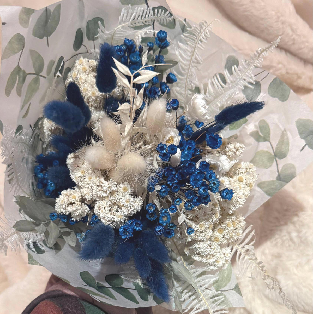 Boho Trockenblumenstrauß Blau Weiß | Getrocknete Blumen mit Lagurus & Glixia | Deko Wohnzimmer Hochzeit Geschenk | Pampas Style Bouquet