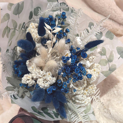 Boho Trockenblumenstrauß Blau Weiß | Getrocknete Blumen mit Lagurus & Glixia | Deko Wohnzimmer Hochzeit Geschenk | Pampas Style Bouquet