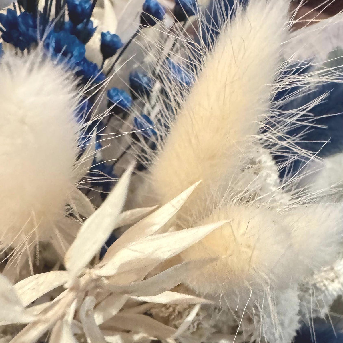 Boho Trockenblumenstrauß Blau Weiß | Getrocknete Blumen mit Lagurus & Glixia | Deko Wohnzimmer Hochzeit Geschenk | Pampas Style Bouquet