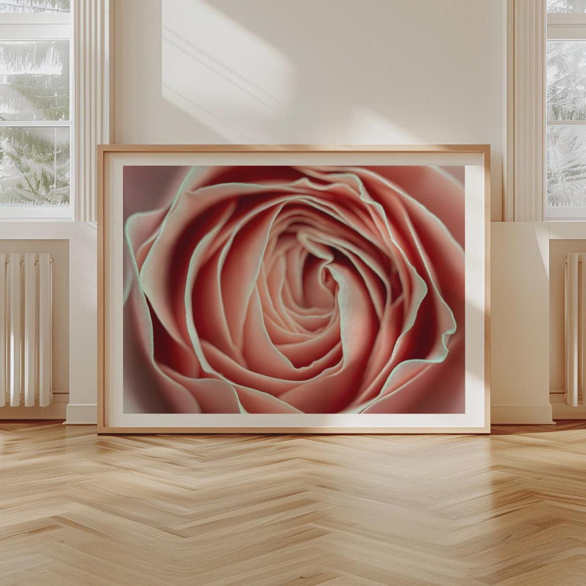 Könnte beinhalten: Nahaufnahme eines gerahmten Drucks mit einer Rose. Die Rosenblätter sind zartrosa mit einem dezenten grünen Rand, wodurch ein detailliertes Blumenbild entsteht. Das Kunstwerk wird in einem hellen Holzrahmen präsentiert.