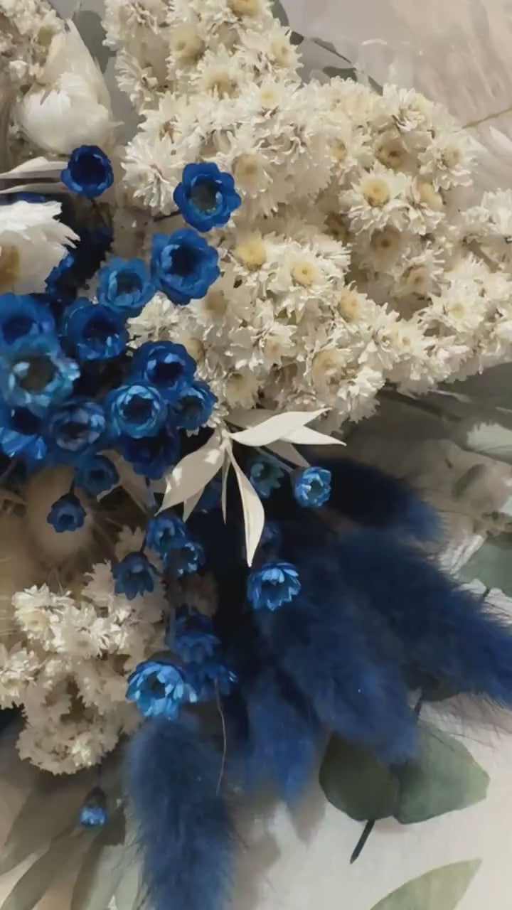 Boho Trockenblumenstrauß Blau Weiß | Getrocknete Blumen mit Lagurus & Glixia | Deko Wohnzimmer Hochzeit Geschenk |  Bouquet